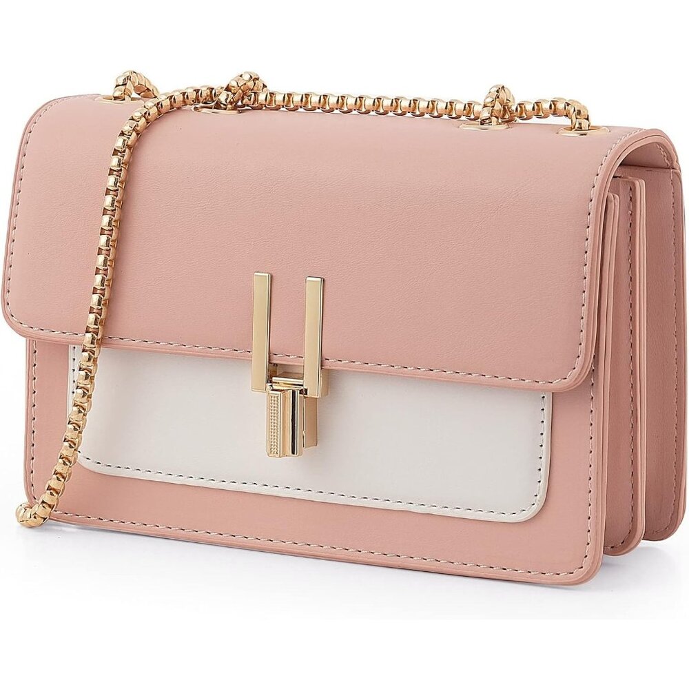 〽️Women #2 Pink Leather Twist Lock Inner Pocket Color-Block Crossbody Bags